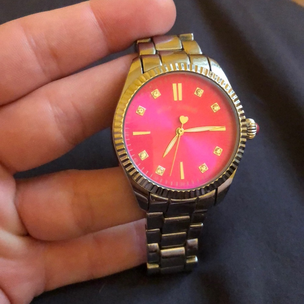Betsey Johnson watch with silver and pink